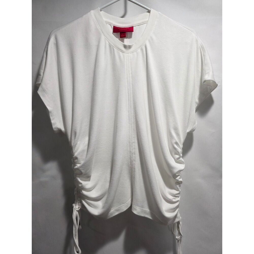 Jennifer Lopez White Cinched Side Tie Top Size L Batwing Sleeve Ruched